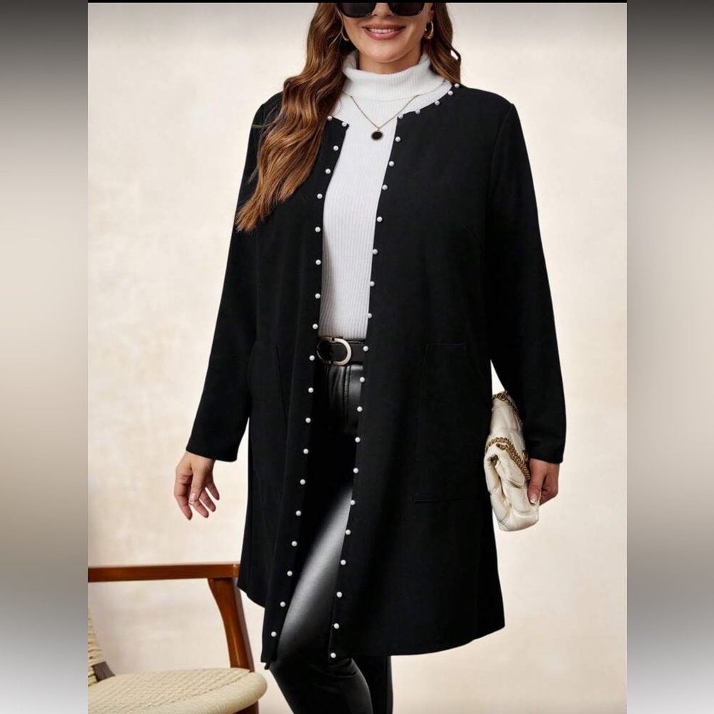 SHEIN Black Longline Blazer with Pearl Details